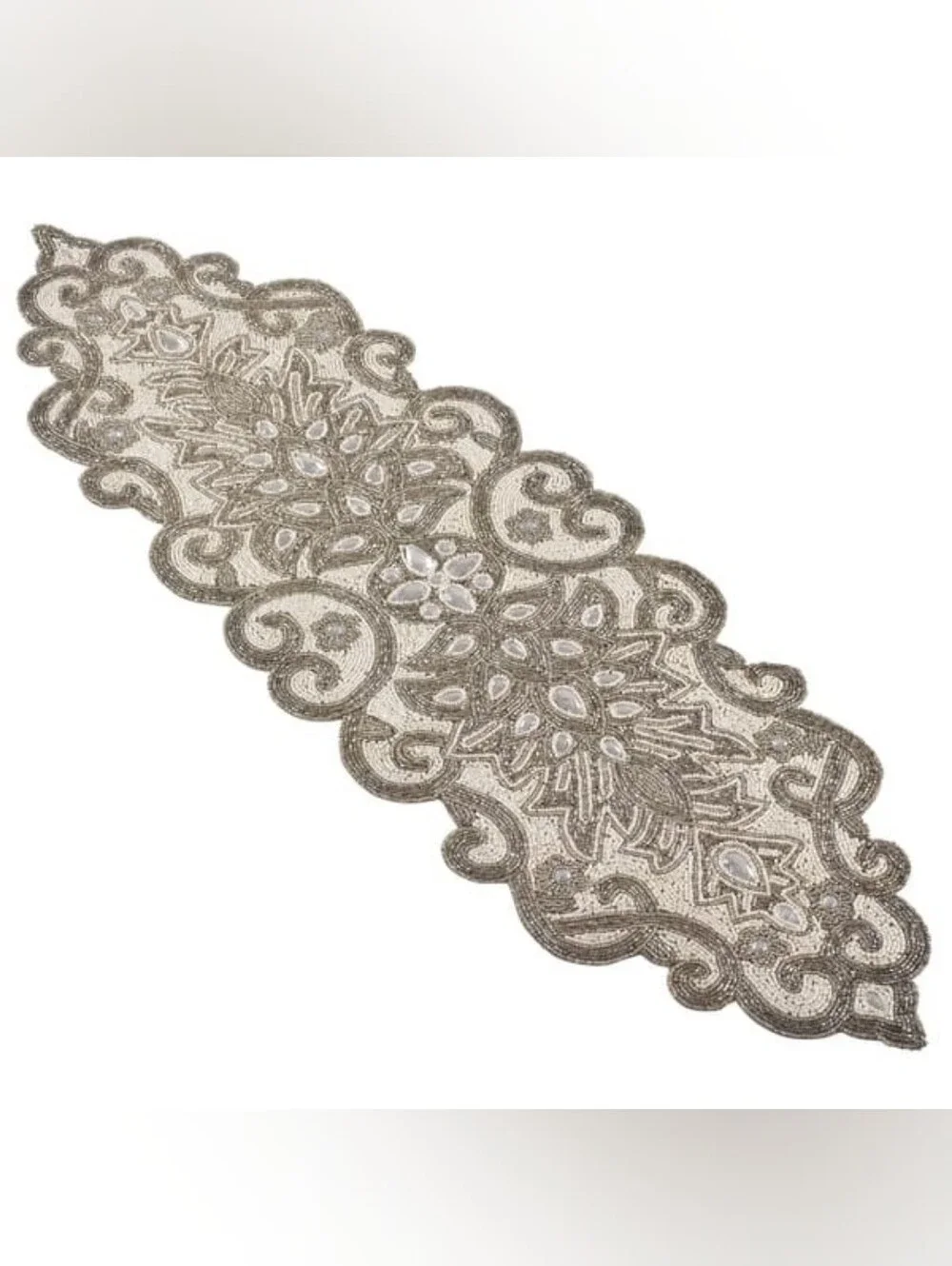 SARO Beaded Jeweled Scroll Motif Elegant Glam Design Table Runner. Silver